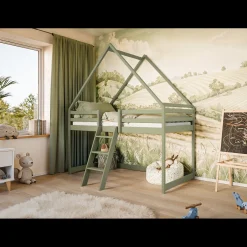 Kinderbed|Hoogslaper*Beddenbriljant Hoogslaper met Dakje Moos - Kinderbed - Leverbaar in 6 kleuren!