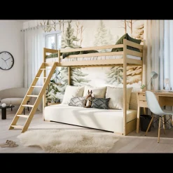 Kinderbed*Beddenbriljant Hoogslaper met Slaapbank Sophie - Naturel / Ribstof Creme - Direct Leverbaar!