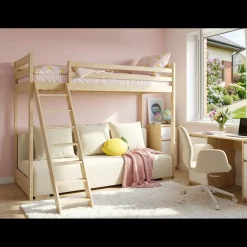 Kinderbed*Beddenbriljant Hoogslaper met Slaapbank Sophie - Naturel / Ribstof Creme - Direct Leverbaar!