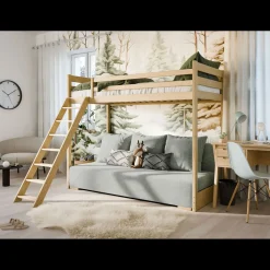 Kinderbed*Beddenbriljant Hoogslaper met Slaapbank Sophie - Naturel / Ribstof Grijs - Direct Leverbaar!