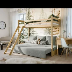 Kinderbed*Beddenbriljant Hoogslaper met Slaapbank Sophie - Naturel / Ribstof Grijs - Direct Leverbaar!
