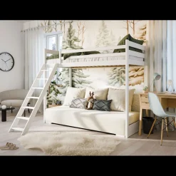 Kinderbed*Beddenbriljant Hoogslaper met Slaapbank Sophie - Wit / Ribstof Creme - Direct Leverbaar!