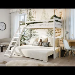 Kinderbed*Beddenbriljant Hoogslaper met Slaapbank Sophie - Wit / Ribstof Creme - Direct Leverbaar!