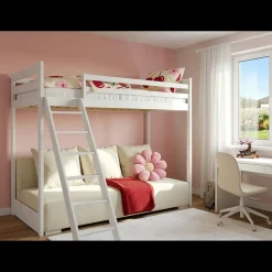 Kinderbed*Beddenbriljant Hoogslaper met Slaapbank Sophie - Wit / Ribstof Creme - Direct Leverbaar!