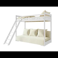Kinderbed*Beddenbriljant Hoogslaper met Slaapbank Sophie - Wit / Ribstof Creme - Direct Leverbaar!