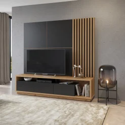 Tv Meubels*Beddenbriljant Wandcombinatie Celano - Wotan Eiken / Zwart